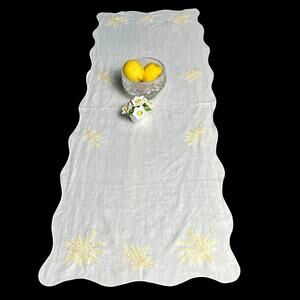 Vtg Hand Embroidered Table Runner Vanity Scarf Yellow Floral Wheat Mid Century